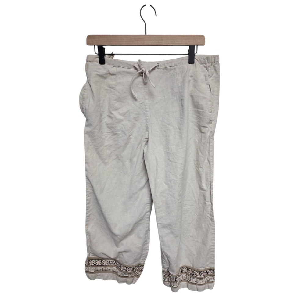 Units Linen Blend Capri Pants Embroidered Hem Drawstring‎ Waist Beige Small